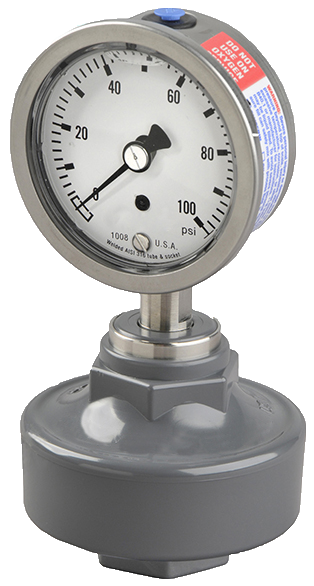 Aquflow pressure gauge isolators use a buffer between the chemicals and the internal parts to protect the pressure gauge from corrosive damage